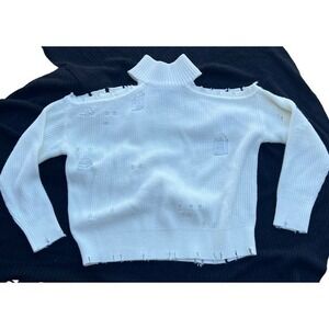 MV3 Distressed raw cold shoulder sweater cream M NWOT